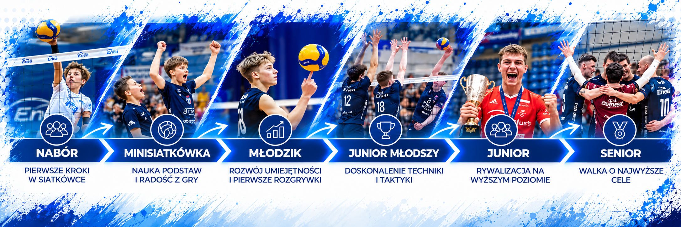 Sportowa droga zawodnika siatkówki mężczyzn Enea Energetyk Poznań: nabór, minisiatkówka, młodzik, junior młodszy, junior i senior